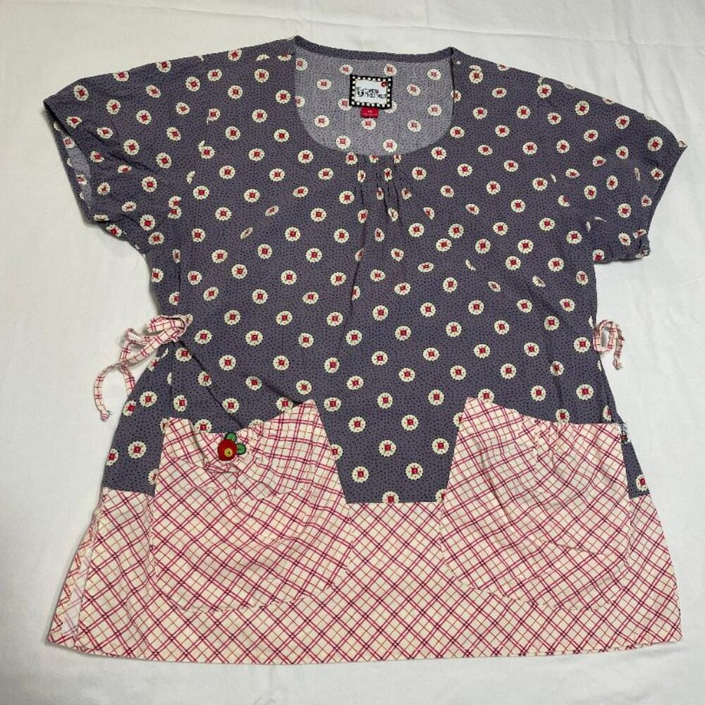 Mary Engelbreit Sz M Medical Scrub Top Shirt Purple w/Cherries Cotton